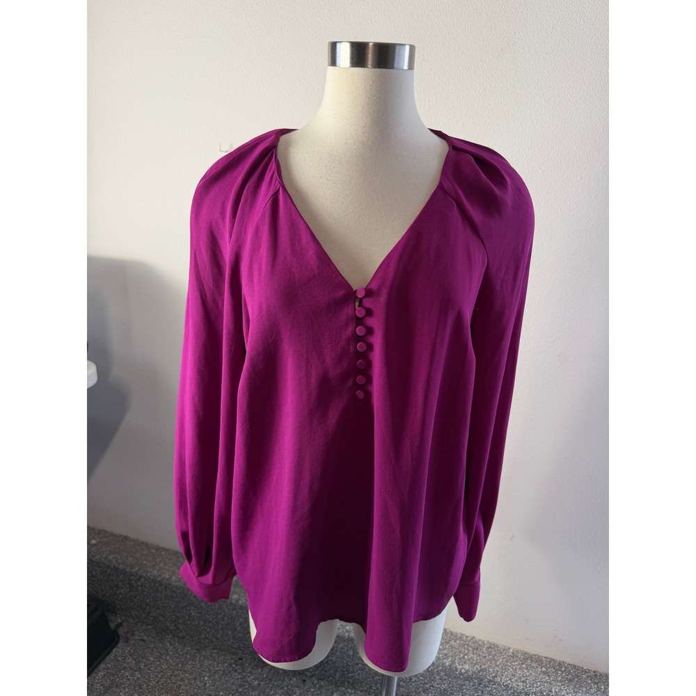 Express Womens Large Magenta Purple V Neck Pleated Shoulder Long Sleeve Blouse